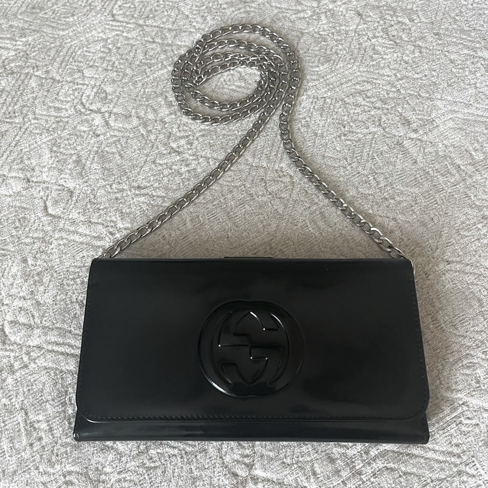 Gucci Soho Black Patent Leather wallet on chain